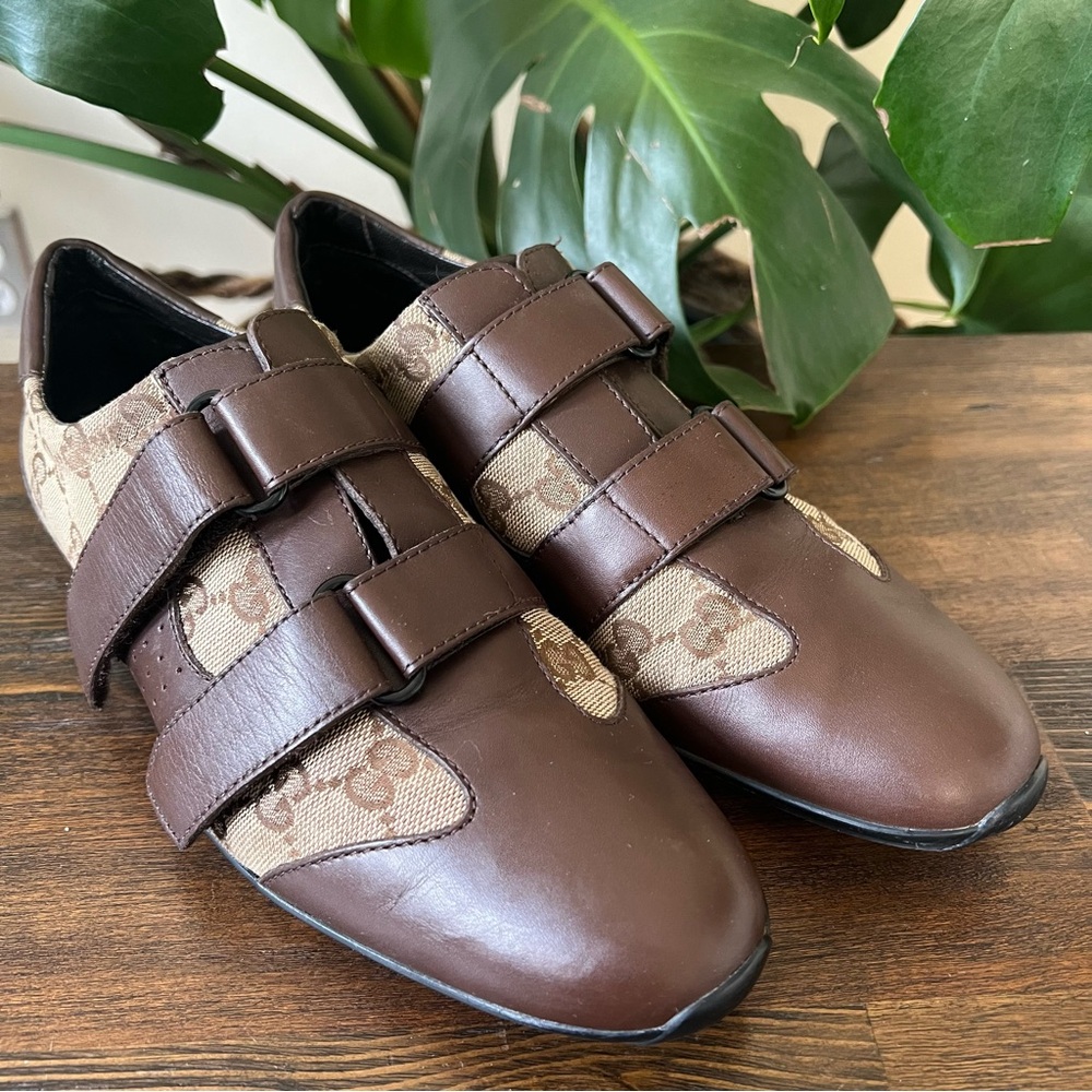 GUCCI Double Velcro Guccissima Coated Canvas And Leather Sneakers EU38.5
